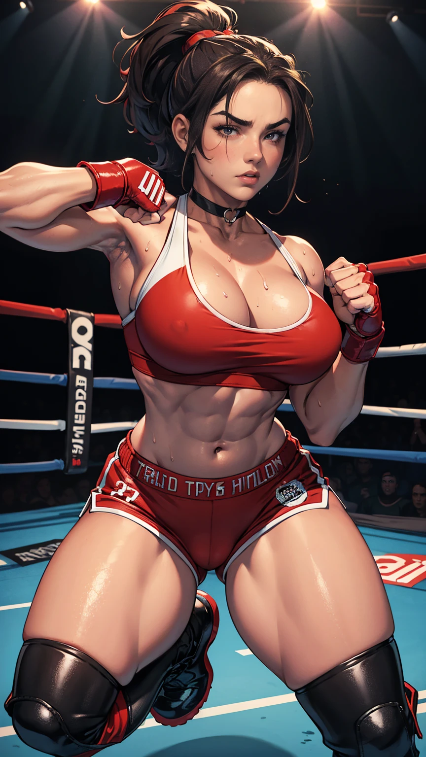 18 years old sporty woman, red shorts, micro sports bra, fighting pose, sexy busty muscular body, slim waist, extremely large breasts, thick bust, thick thighs, full body, bob length hair, sweating, in boxing ring, black boots, choker necklace, nsfw, boxing gloves