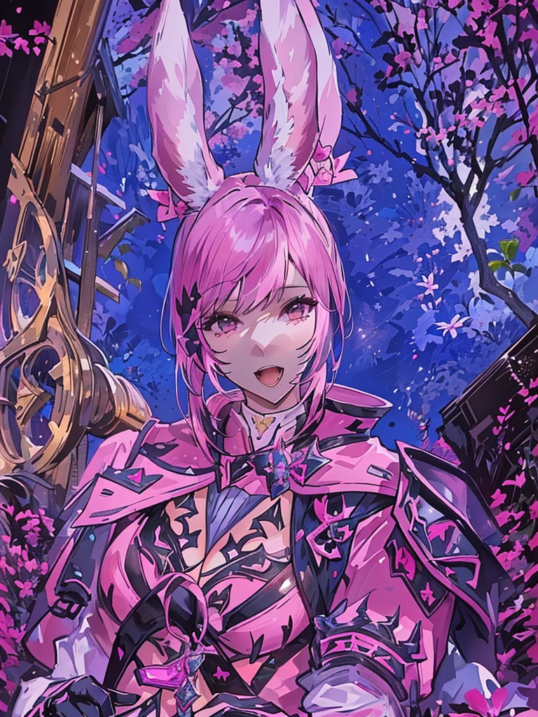There is a woman with a rabbit ear and a pink suit, final fantasy style 14, Final Fantasy 1 4, Final Fantasy XIV, wearing cyber bunny ears, final fantasy 14 sharp, ffxiv cielo, wearing a pink rabbit costume, with rabbit ears, ffxiv, the bunny has pink fur, Final Fantasy 1 4 screenshot, Sexy bunny ears on the beach