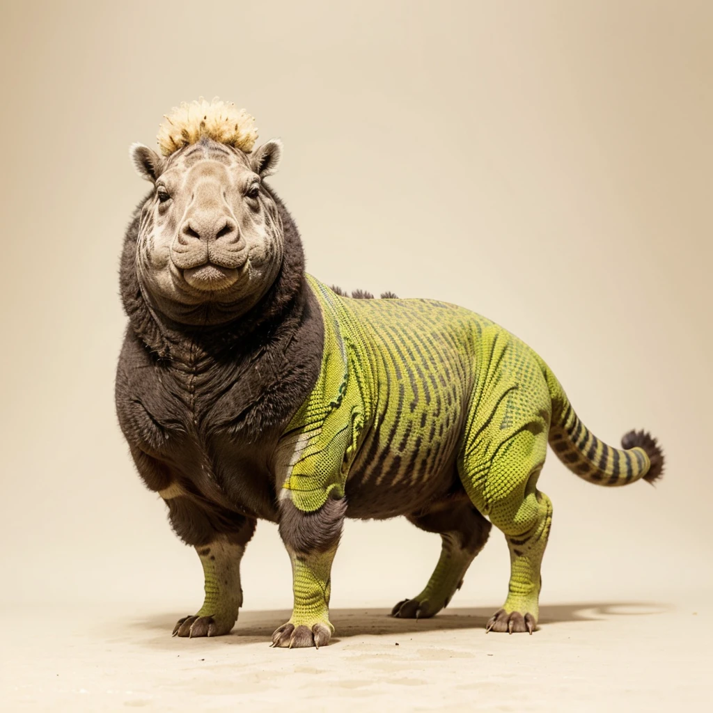 Big Animaly, has white stripes on his skin, yellow and red eyes, alpaca mixed with lizard, Grassroots, no background, Hippo head