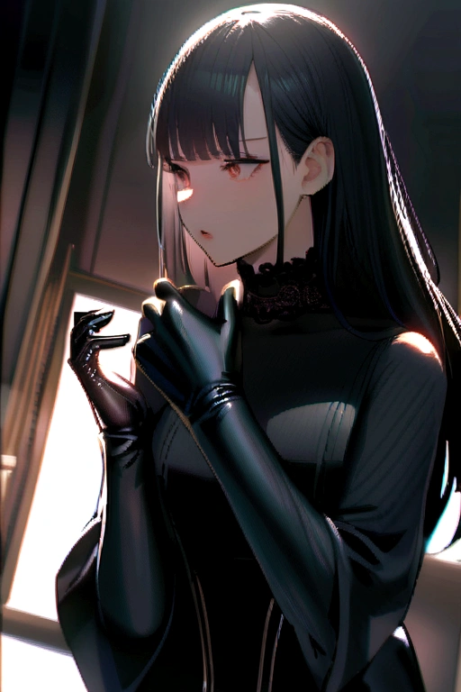 He wears black leather gloves on both hands、Woman strangling someone