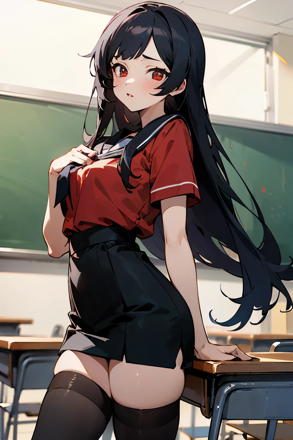 ((best quality)), ((masterpiece)), (detailed), 1girl, anime girl, black long hair,
High school students,Classroom background, black stockings, sexy,4k quality,Vitality girl,red pupils,Red blouse