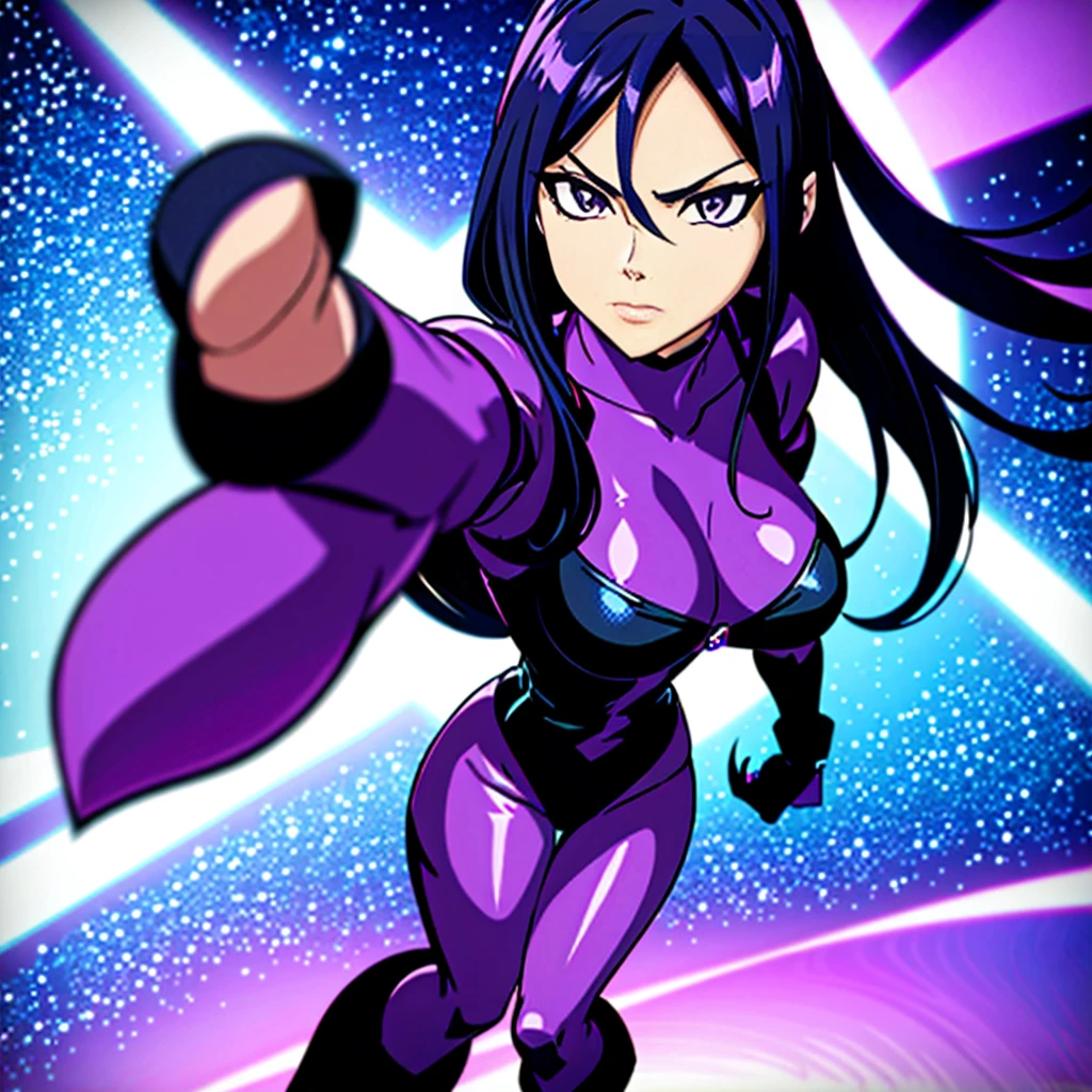 a cartoon picture of a woman in a black and purple outfit, psylocke, starfire, art of silverfox, cutesexyrobutts, artgerm style, artgerm colorful!!!, style artgerm, in the style artgerm, artgerm and lois van baarle, style ivan talavera and artgerm, character blackfire titans, 1 girl, 1 solo girl, very detailed eyes, nose, mouth, backdrop of a very detailed city, at night, Gotham city vibes