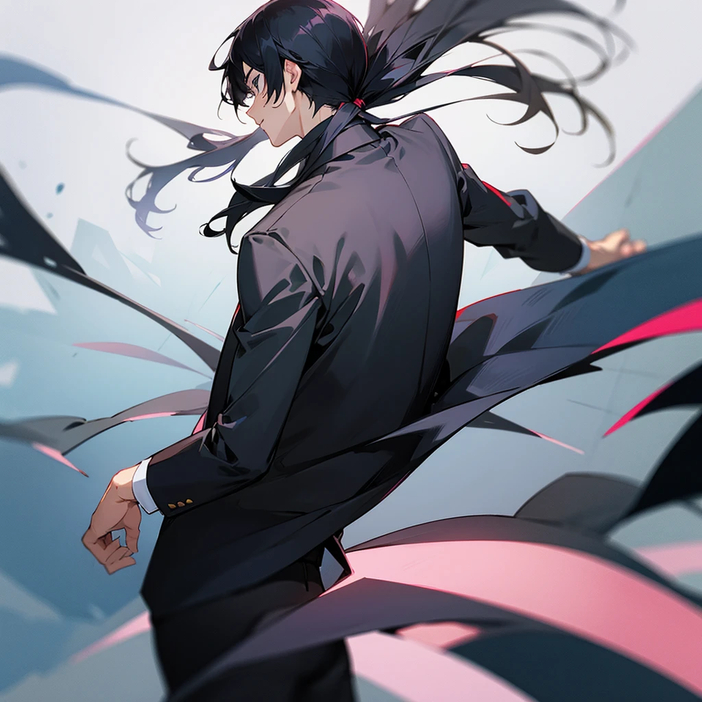 Anime black-haired man wearing a suit with his back turned