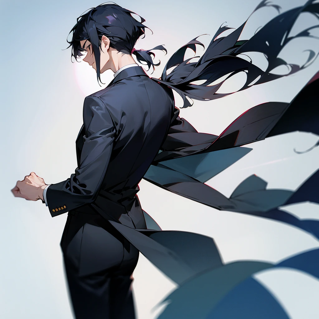 Anime black-haired man wearing a suit with his back turned