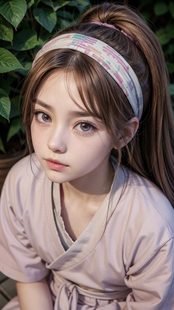 please create a picture of an anime girl with light brown hair and eyes, and a lilac Clan outfit, with a bandana on his forehead, and loose hair