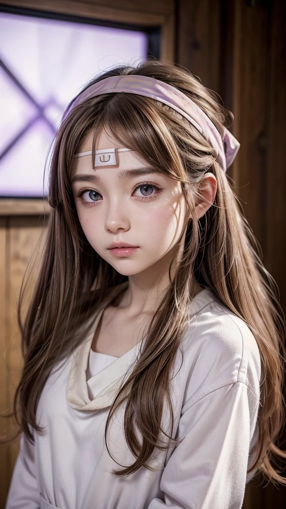 please create a picture of an anime girl with light brown hair and eyes, and a lilac Clan outfit, with a bandana on his forehead, and loose hair