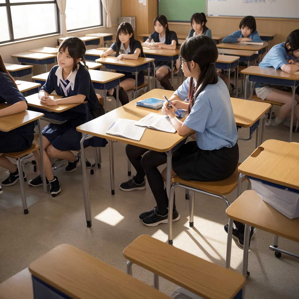 3D illustration、Two Japanese high school students〜Three people in a classroom、Talking well