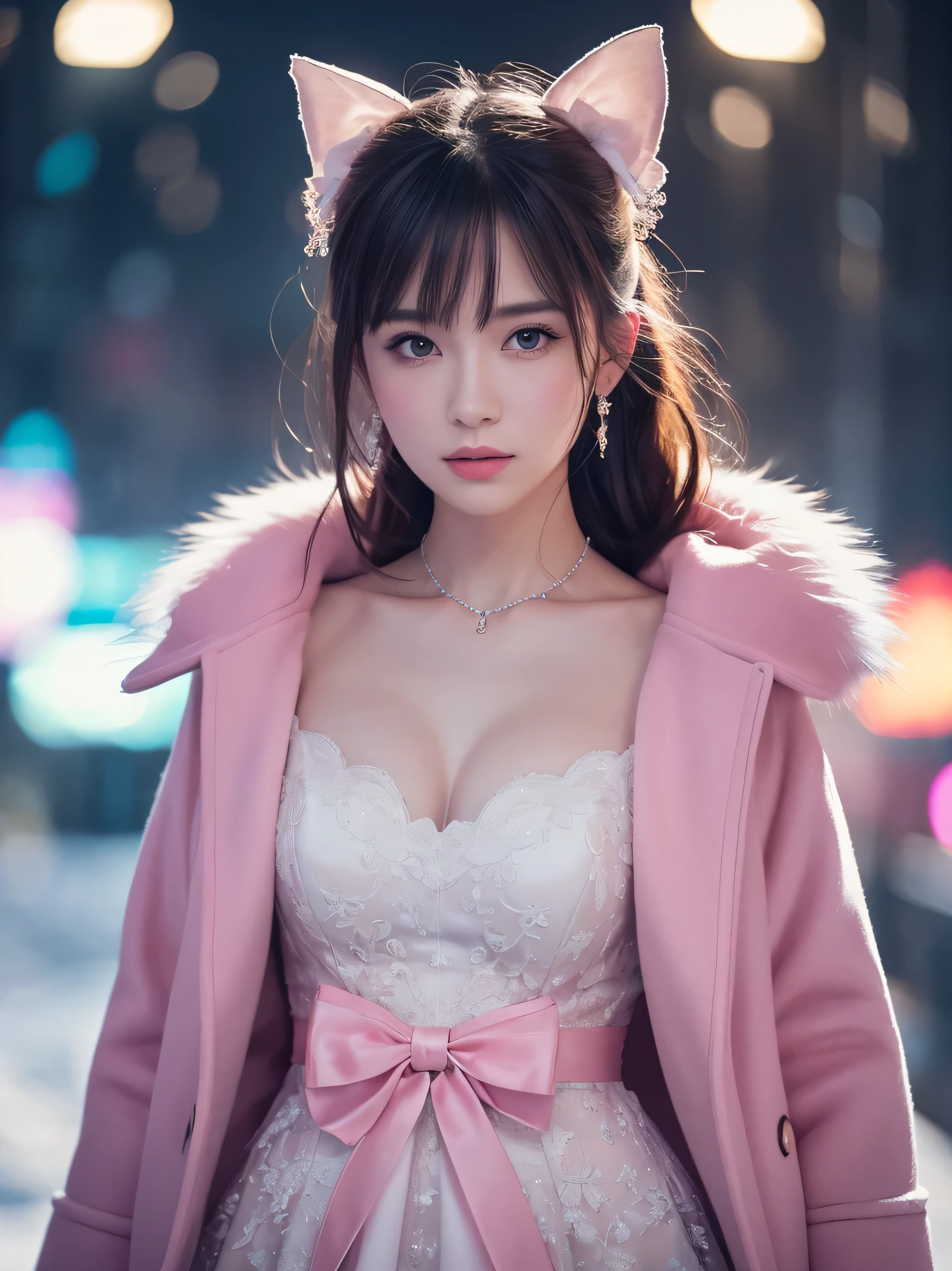 A stunning image of a solo female subject standing tall, looking directly at the viewer with an elegant and detailed gorgeous face. The upper body is framed against a snowy backdrop, illuminated by bright lights that accentuate her pale skin. She wears a twirling pink coat with a fur collar and a matching bow, radiating vivid colors. Composition: 1.3 girl, 1.3 standing, 1.4 looking at viewer. UHD, HDR, and 8K quality render the scene in breathtaking detail.