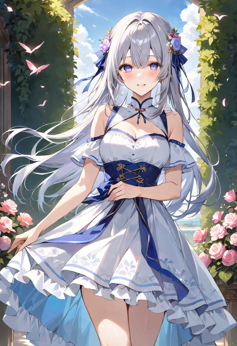 masterpiece, best quality, ultra detailed, ((sparkling eyes)), Girl with long silver hair standing in beautiful flowery garden, A slight smile, She has a large bouquet, Cute national costume style dress, There are ruffles on the shoulders, Hair fluttering in the wind