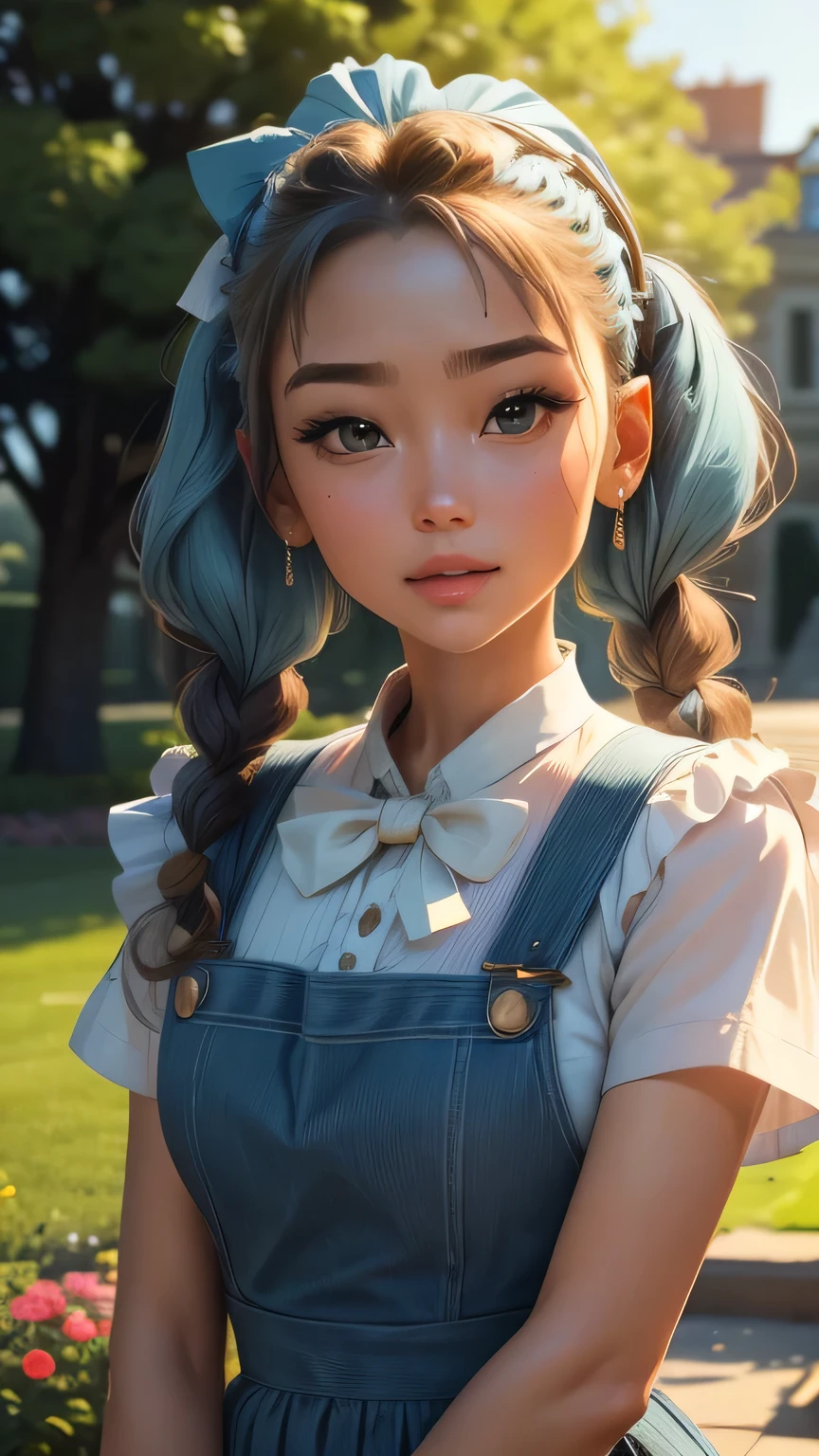 (Very detailed CG Unity 8k wallpaper, masterpiece, 最high quality, Very detailed), (Best lighting, Best Shadow, Very delicate beauty), floating, Sparkling eyes, [(head band, Earrings, Headphones and braided pigtail hair, Light blue overalls) :: 0.8] , (Dynamic pose)､ masterpiece, 最high quality, high quality, High resolution､(Upper body portrait)､In the garden of a mansion