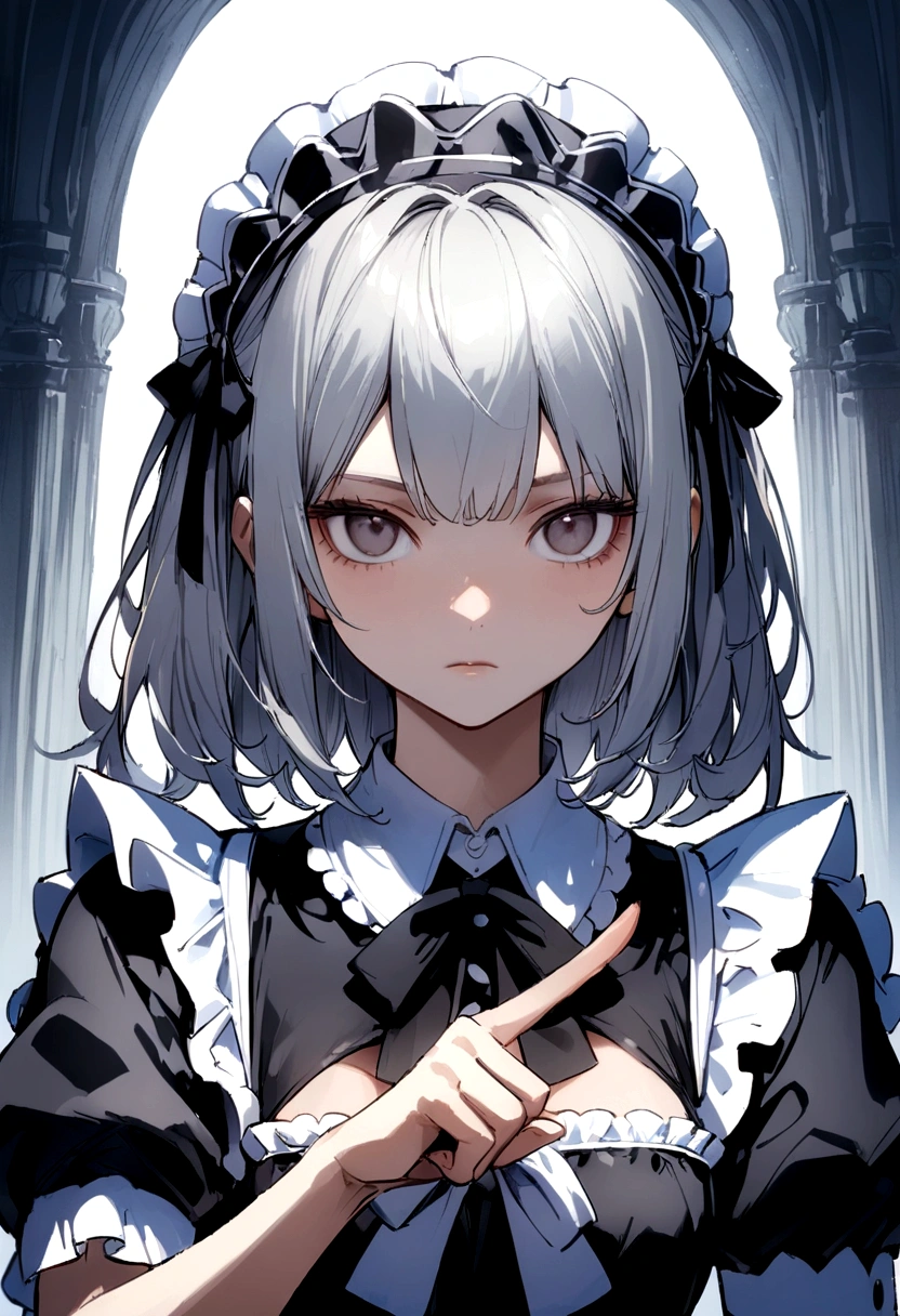 Women、Wearing maid uniform、I'm pointing my finger at this、Expressionless