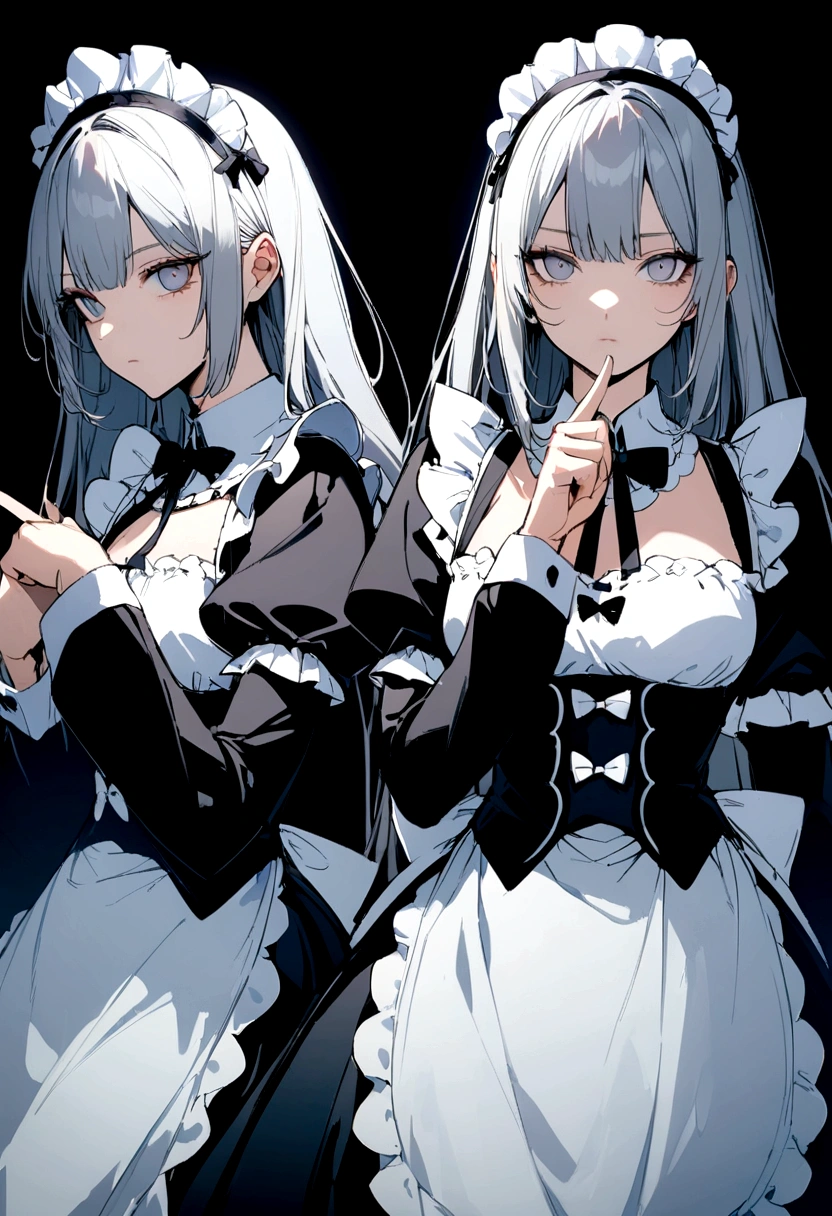 Women, hair in two black pigtails, half white half black mask, black and white dress, white gloves