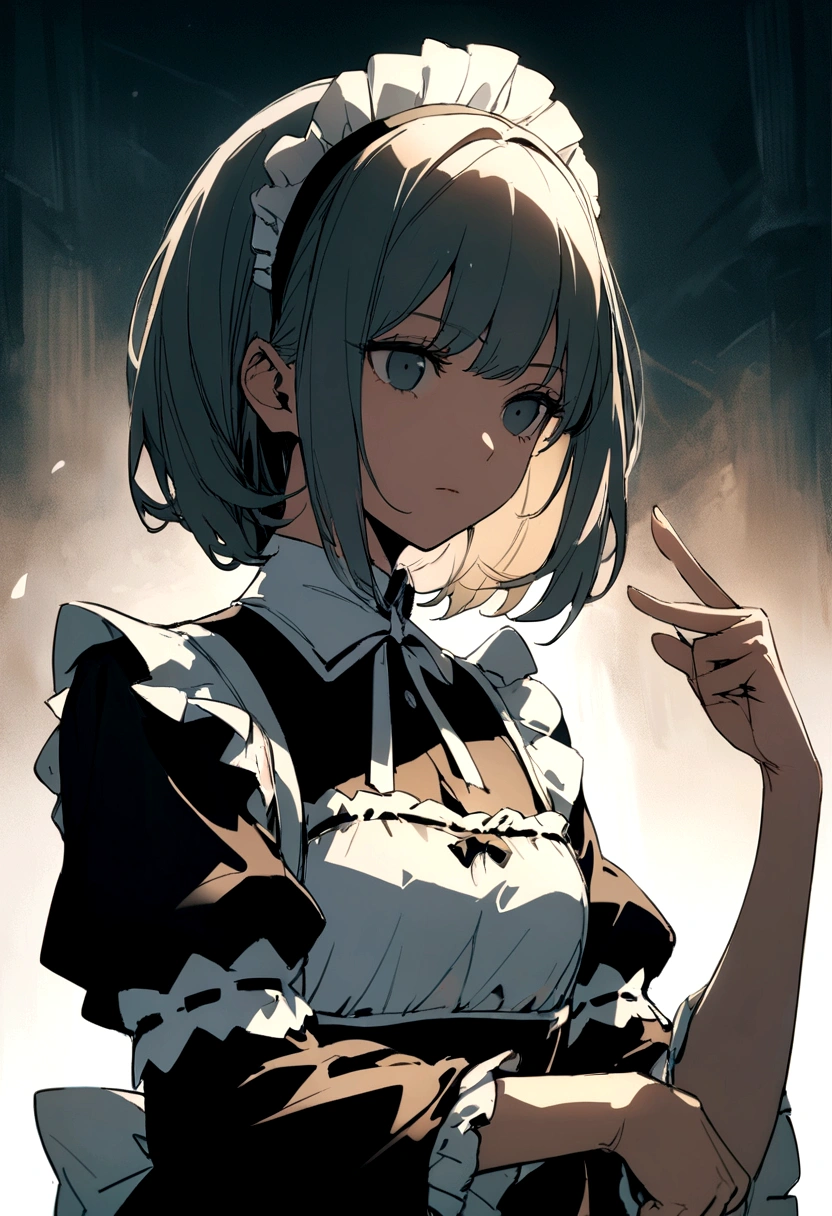 Women、Wearing maid uniform、I'm pointing my finger at this、Expressionless