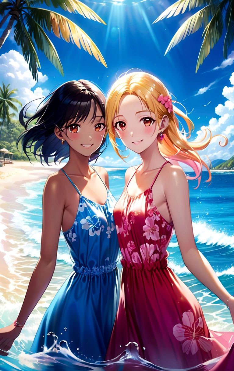 two women on the beach which has clear blue water, bright shining skies. . The first woman has black hair and red eyes and wears a red beach dress, while the second woman has blonde hair and pink eyes and wears a blue beach dress.they were both playing in the water and smiling brightly