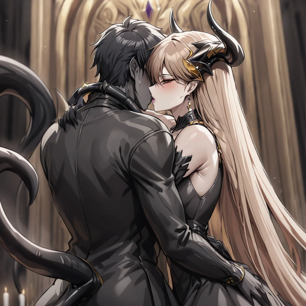((Highest quality)), ((masterpiece)), (detailed), （Perfect Face）、The woman is a jet-black female demon with magnificent demon horns and a jet-black tail, her skin is the same black as the Demon King, she is wearing a provocative and luxurious jet-black dress of the Demon Queen, her name is Princess Leona, and she has medium-long light brown hair.、A woman is embracing and passionately kissing her beloved husband, a powerful demon king.、A strong demon king is embracing and kissing his wife, the demon queen Leona, in front of a gorgeous demon altar.