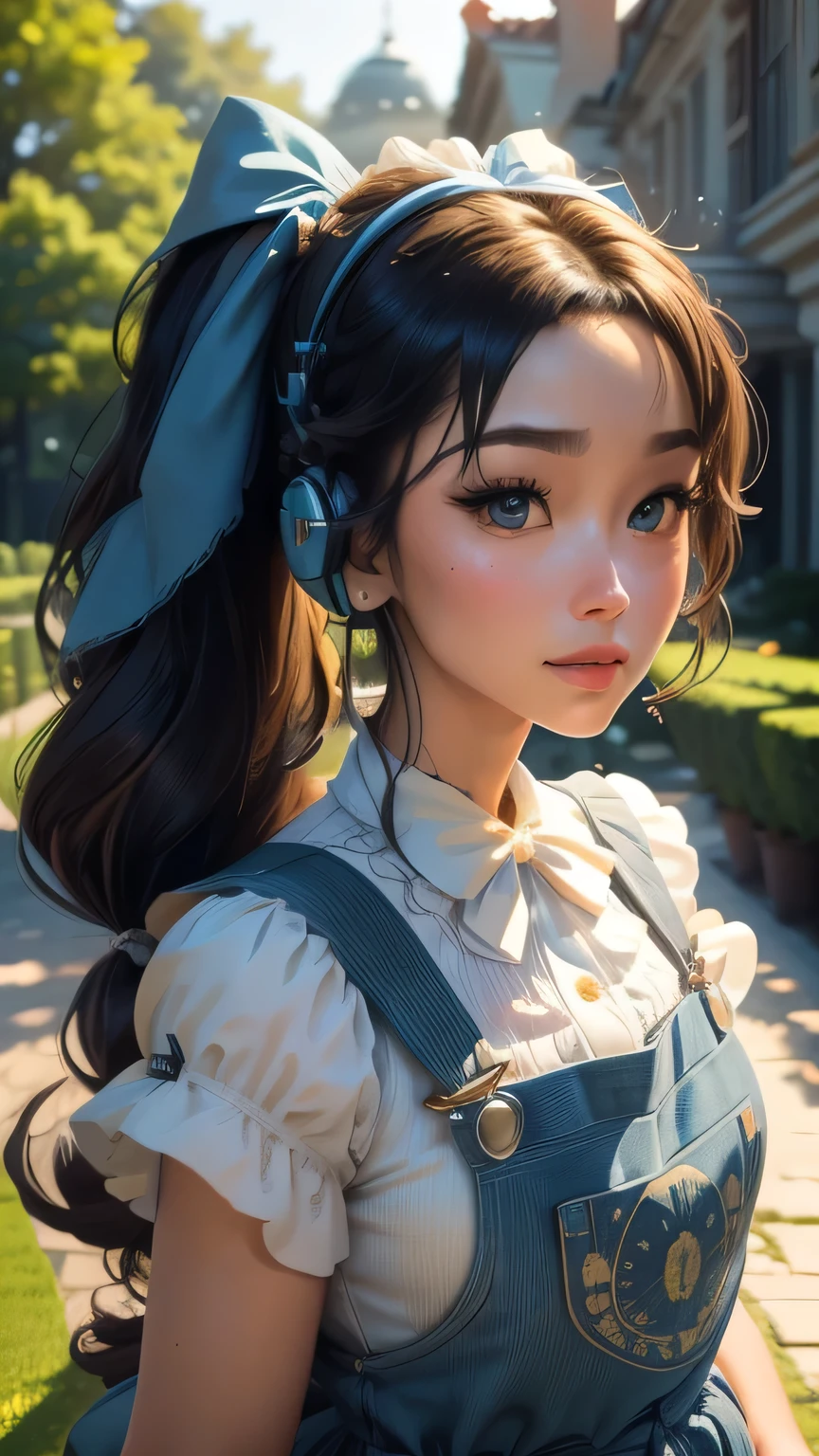 (Very detailed CG Unity 8k wallpaper, masterpiece, 最high quality, Very detailed), (Best lighting, Best Shadow, Very delicate beauty), floating, Sparkling eyes, [(head band, Earrings, Headphones and braided pigtail hair, Light blue overalls) :: 0.8] , (Dynamic pose)､ masterpiece, 最high quality, high quality, High resolution､(Upper body portrait)､In the garden of a mansion