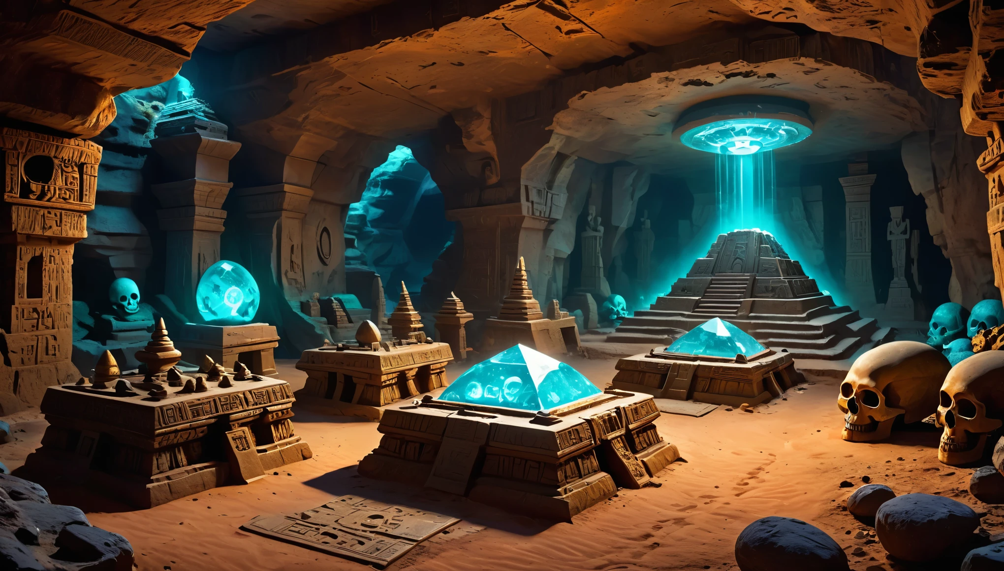 fantasy underground cave, alien civilization ruins, mysterious tomb, metallic sarcophagus, treasure, glowing coins, terracotta figurines, artifacts, antiques, extraterrestrial glyph totem, futuristic technology, eerie magical powers, unknown cosmic energy, aztec and skulls