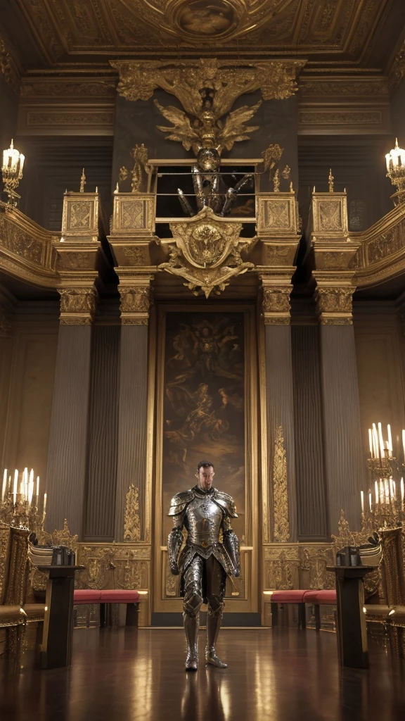 Masterpiece, cinematic landscape, best quality, baroque, realistic, man, future century armor, unique modern armor, upper body, looking towards the viewer, in the king's chamber inside the castle