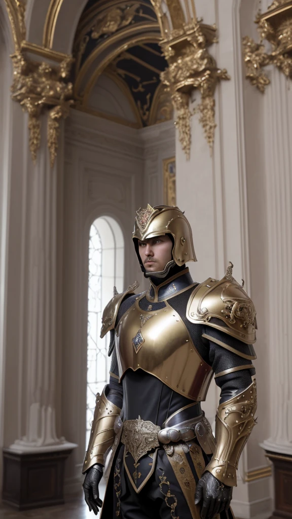 Masterpiece, cinematic landscape, best quality, baroque, realistic, man, future century armor, unique modern armor, upper body, looking towards the viewer, in the king's chamber inside the castle