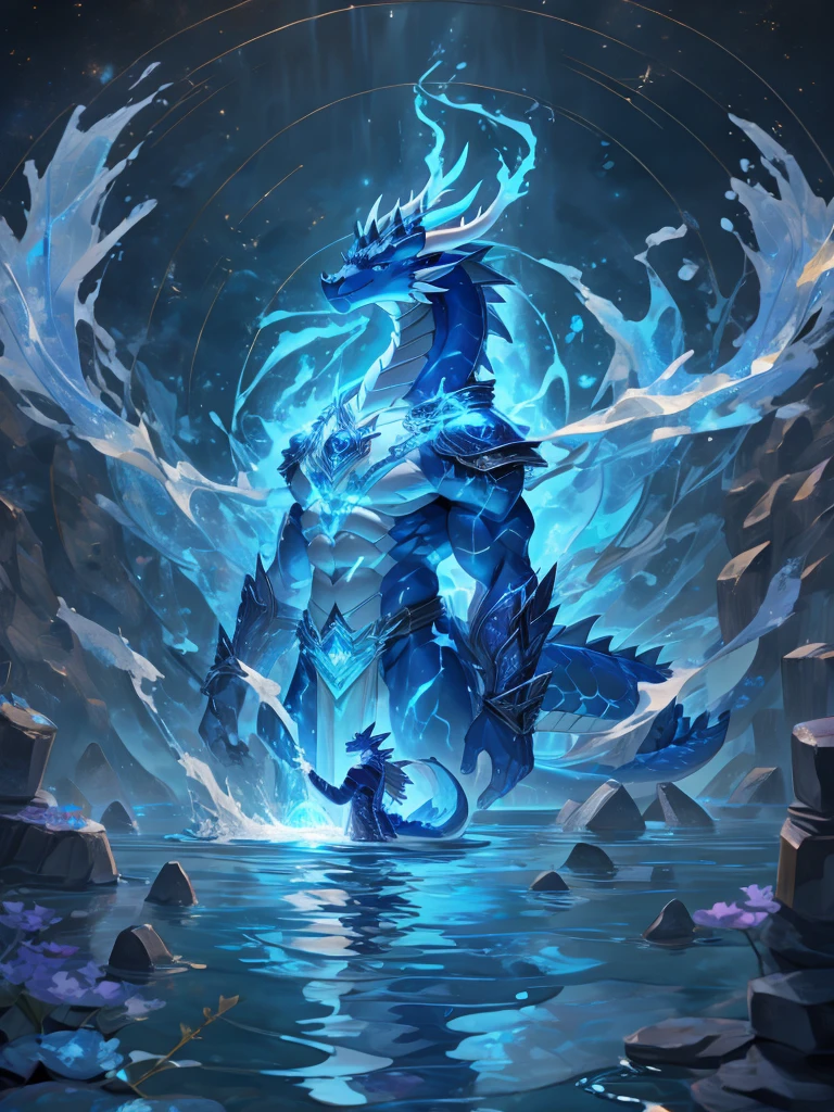 masterpiece, Anthropomorphic blue dragon, White belly,There is a pair of beautiful dragon horns, blue dragon scales,1 tail, very muscular body, nice,Water magic,Water system
