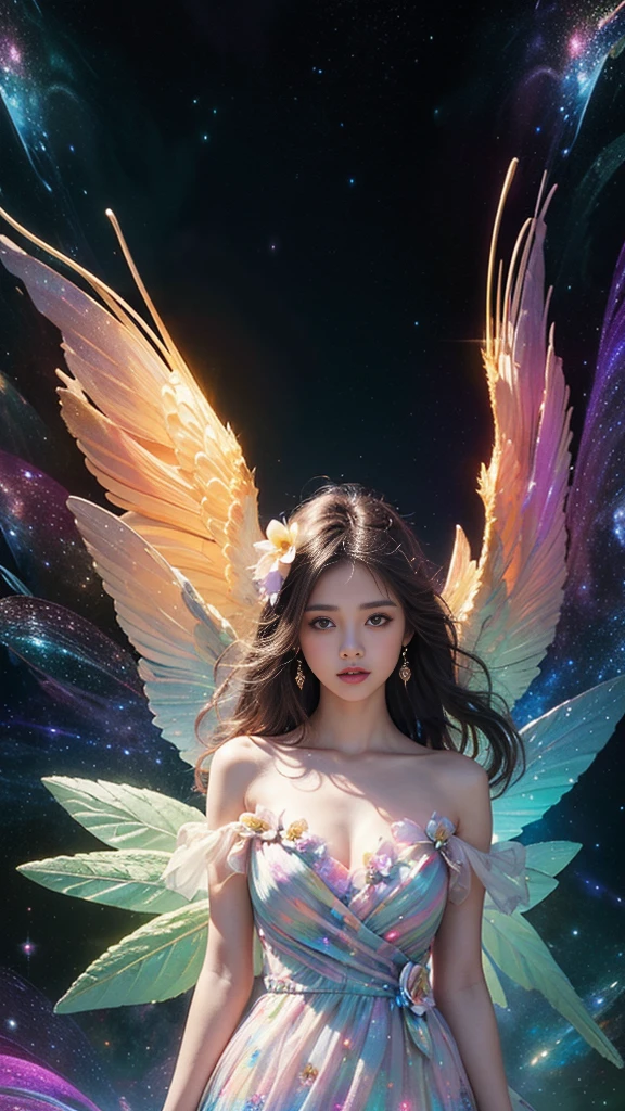 4k ultra hd, masterpiece, a girl, good face, detailed eyes, detailed lips, flower fairy girl, big wings, transparent wings, neon lights, (galaxy background:1.5), (flower dress:1.5), green dress, in the heaven,