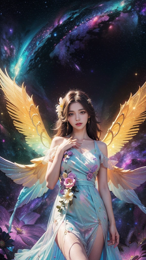 4k ultra hd, masterpiece, a girl, good face, detailed eyes, detailed lips, flower fairy girl, big wings, transparent wings, neon lights, (galaxy background:1.5), (flower dress:1.5), green dress, in the heaven,