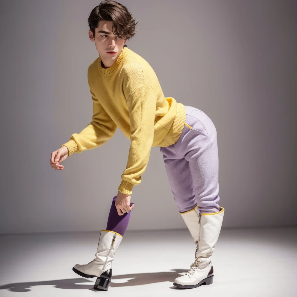 ((best qualityer)), ((work of art)), (detailded), 1 boy, lilac ombro to ombro sweater, yellow pants, white boot, coloured background.