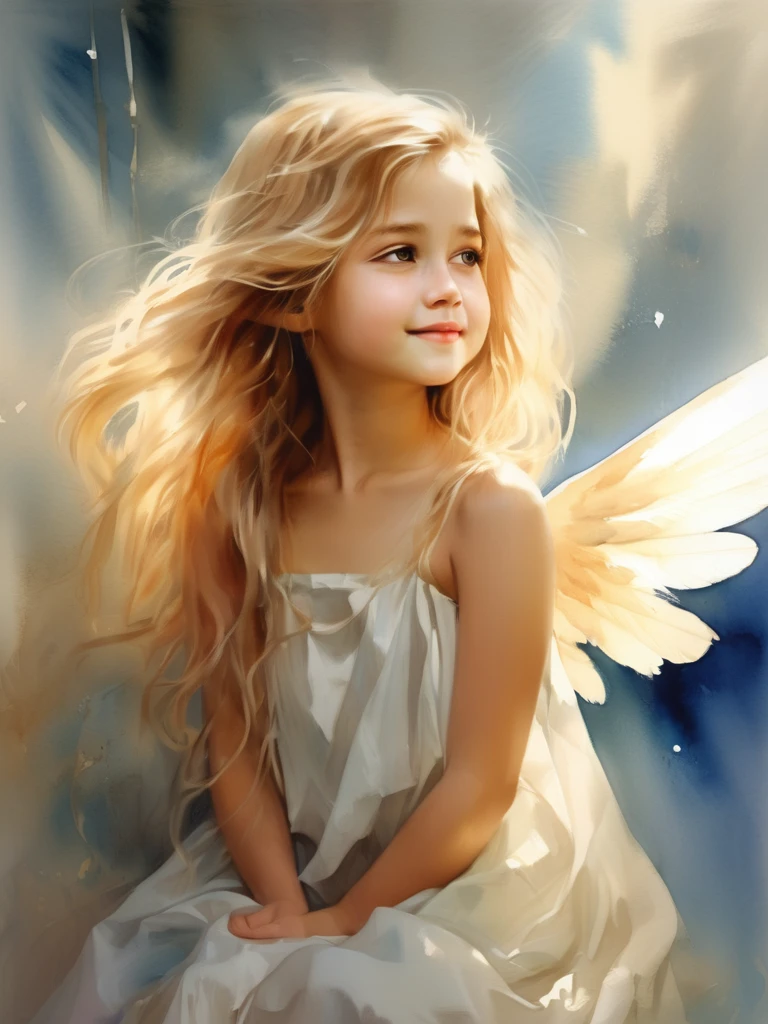 (((Watercolor)))1 Angel girl facing forward, Beautiful wings on the back、Blonde, Long Hair, alone、smile、magic, Strapless White Dress、Hopeful Face、
