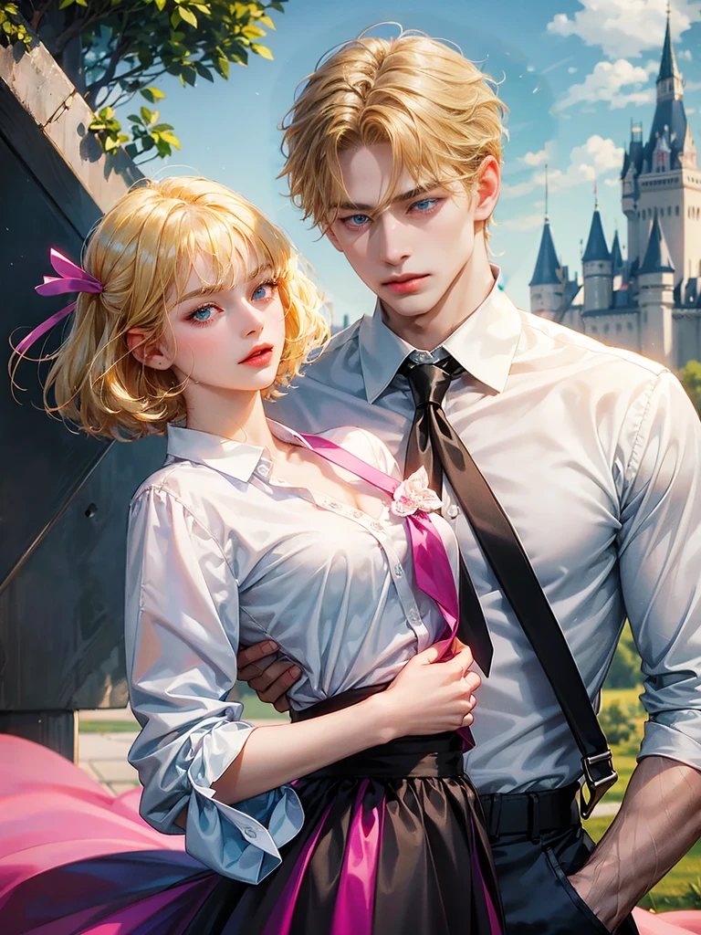 The boy has medium blonde hair and (sky blue eyes). no Asian somatic traits. He looks at the viewer