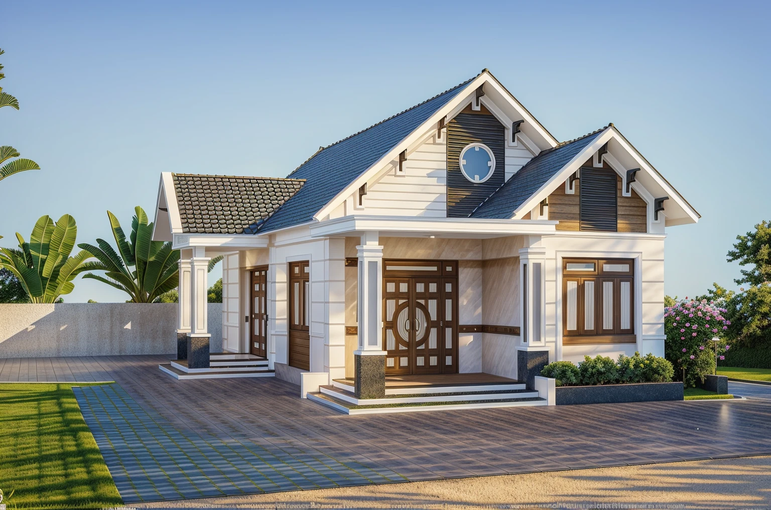 1 maison de style néoclassique, La maison de ville est faite de murs blancs, belle lumière, journée de beauté, ensoleillé, Beaucoup de bougainvilliers rouges le long de la route:1.3, belle sensation de jeunesse :1.2, soleil à midi, Très belles ombres