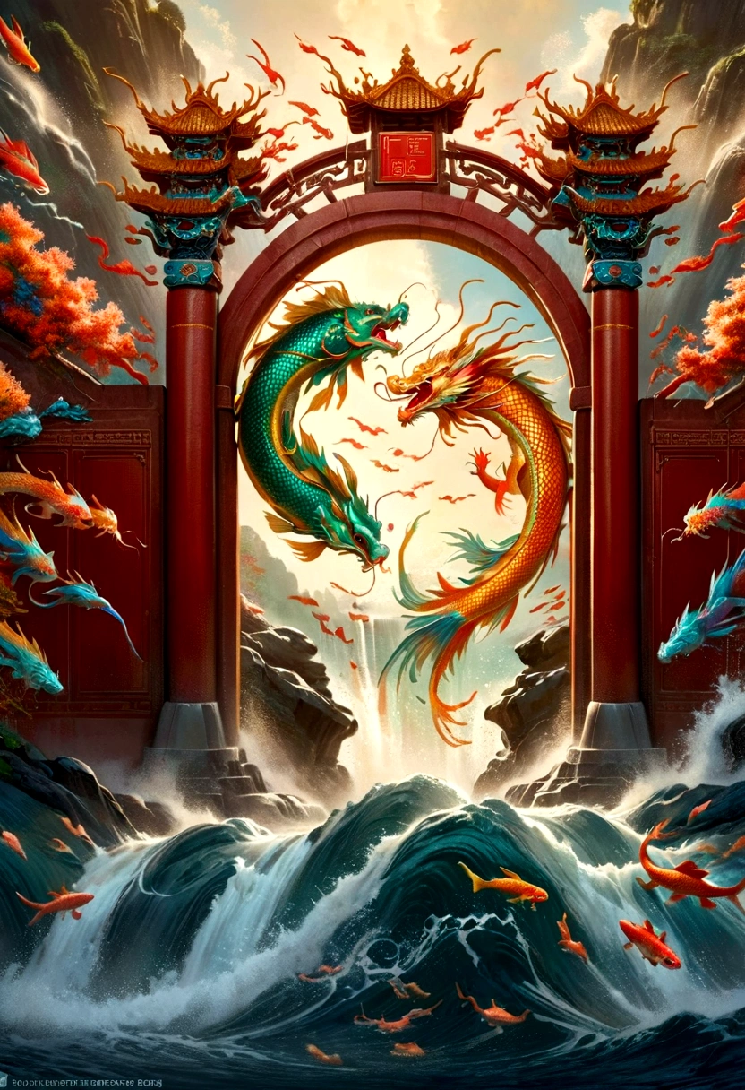 scene of Carp passing through the gate of heaven and turning into a dragon, one at the top turns into a carp with the head of a dragon, Chinese dragons are very beautiful, many carp are jumping from the water surface above the waterfall, Depth of field perspective Large, Vivid waterfall effects and details, Excellent image quality, High resolution