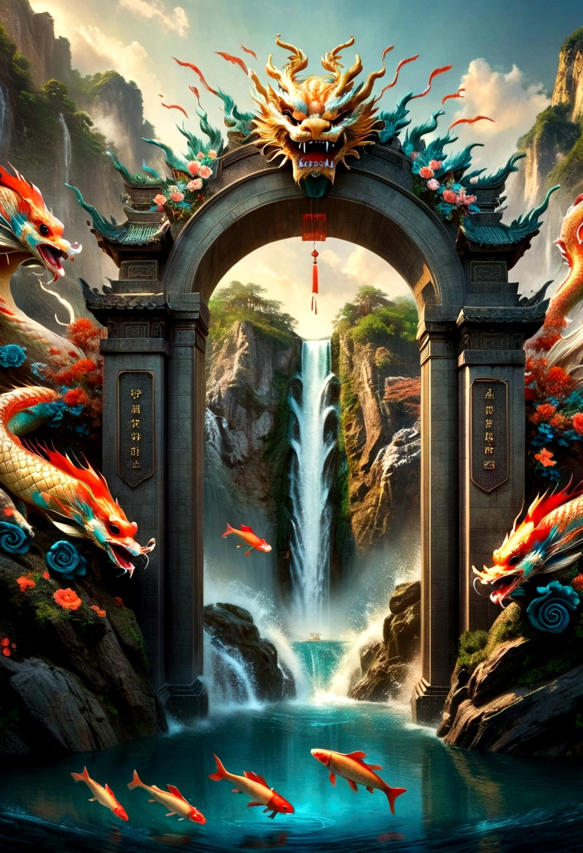 scene of Carp passing through the gate of heaven and turning into a dragon, one at the top turns into a carp with the head of a dragon, Chinese dragons are very beautiful, many carp are jumping from the water surface above the waterfall, Depth of field perspective Large, Vivid waterfall effects and details, Excellent image quality, High resolution