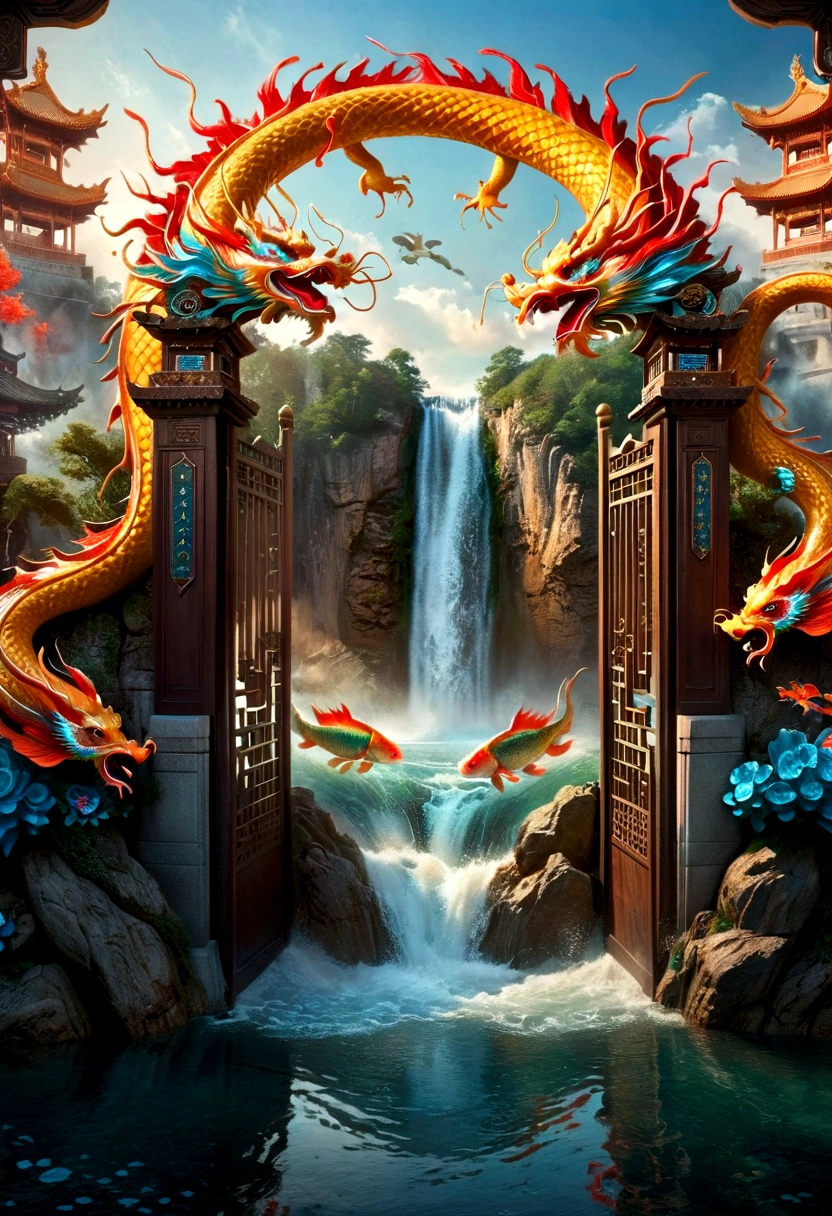 scene of Carp passing through the gate of heaven and turning into a dragon, one at the top turns into a carp with the head of a dragon, Chinese dragons are very beautiful, many carp are jumping from the water surface above the waterfall, Depth of field perspective Large, Vivid waterfall effects and details, Excellent image quality, High resolution