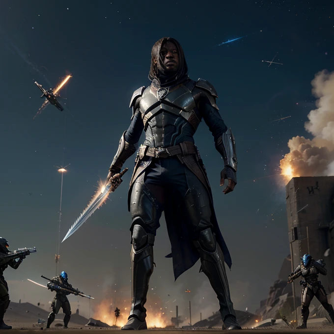 Photorealistic movie scene; a sci-fi African assassin brandishing a pair of Warframe inspired energy swords (type-1) does a fancy sword swing, camera pans out to reveal orcs attacking him in a warworld battlefield featuring flaming spaceships soaring across the sky in the background 