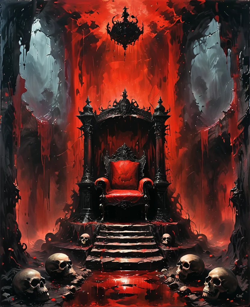 Cave,Underground Kingdom,Gothic style,A painting,(((The throne on the platform)))On a pile of skulls, Disturbing, crawl, gloomy, rotten, Blood rushes like a river,