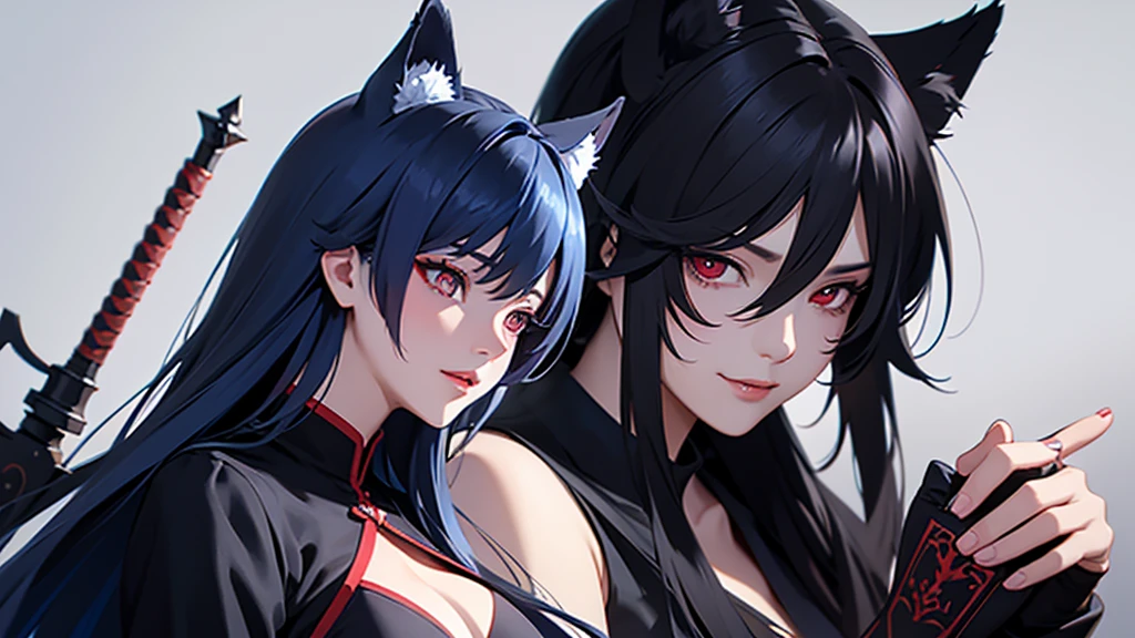 One Mature Woman。A close-up of her cleavage from a profile angle。 Smiling and looking up。 Samurai ready to draw his sword。 Dark Background。 Long blue hair and wolf ears。Red eyes。 Clothes with main color black and sub color red。 Draw hands in detail。