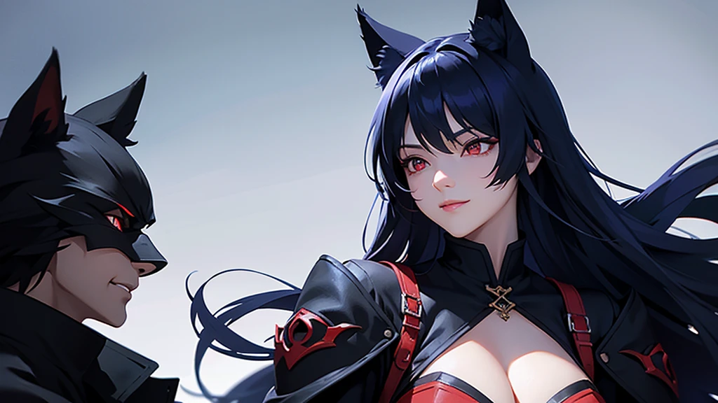 A close-up of her cleavage from a profile angle。
Smiling and looking up。
Assassin holds his weapon。
Dark Background。
Long blue hair and wolf ears。Mature woman with red eyes。
Clothes with main color black and sub color red。
Draw hands in detail。