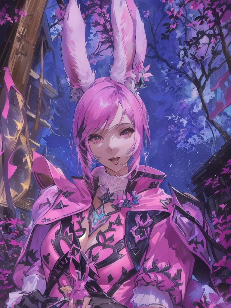 There is a woman with a rabbit ear and a pink suit, final fantasy style 14, Final Fantasy 1 4, Final Fantasy XIV, wearing cyber bunny ears, final fantasy 14 sharp, ffxiv cielo, wearing a pink rabbit costume, with rabbit ears, ffxiv, the bunny has pink fur, Final Fantasy 1 4 screenshot, Sexy bunny ears on the beach