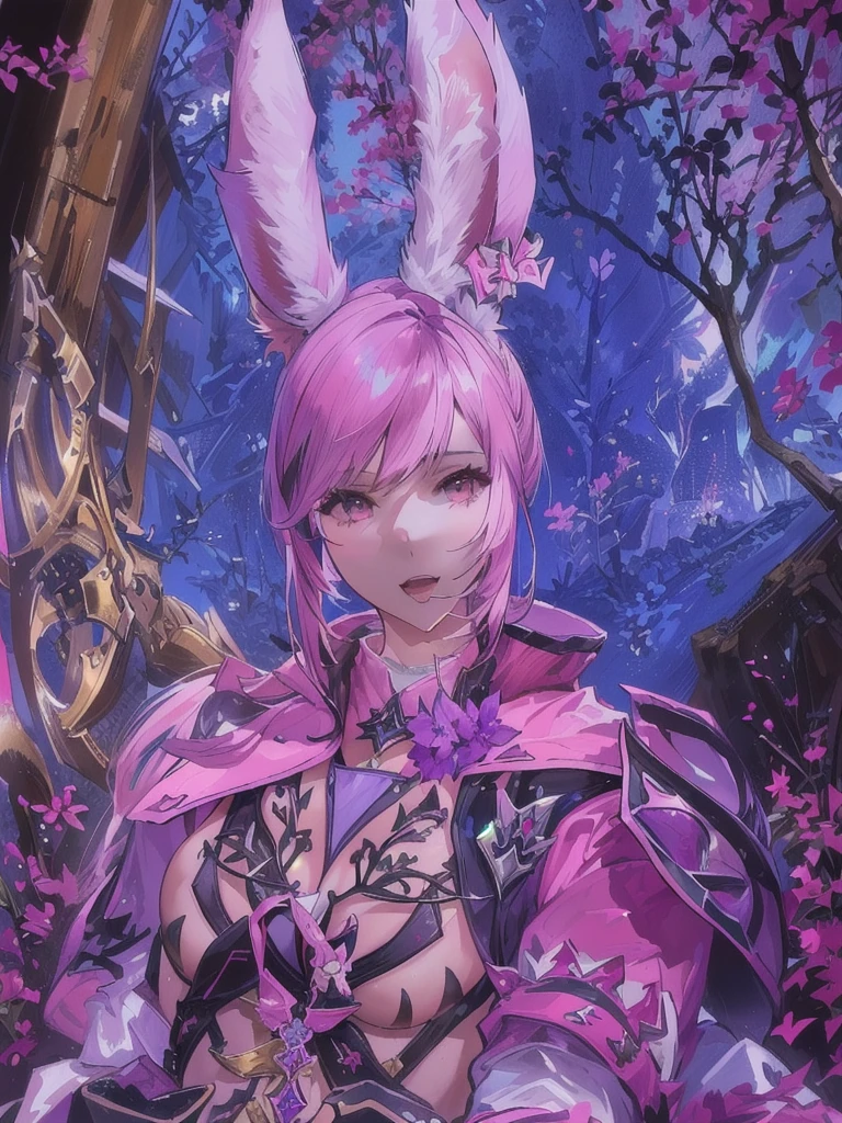There is a woman with a rabbit ear and a pink suit, final fantasy style 14, Final Fantasy 1 4, Final Fantasy XIV, wearing cyber bunny ears, final fantasy 14 sharp, ffxiv cielo, wearing a pink rabbit costume, with rabbit ears, ffxiv, the bunny has pink fur, Final Fantasy 1 4 screenshot, Sexy bunny ears on the beach