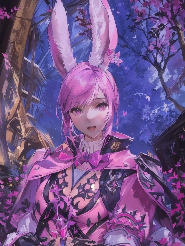 There is a woman with a rabbit ear and a pink suit, final fantasy style 14, Final Fantasy 1 4, Final Fantasy XIV, wearing cyber bunny ears, final fantasy 14 sharp, ffxiv cielo, wearing a pink rabbit costume, with rabbit ears, ffxiv, the bunny has pink fur, Final Fantasy 1 4 screenshot, Sexy bunny ears on the beach