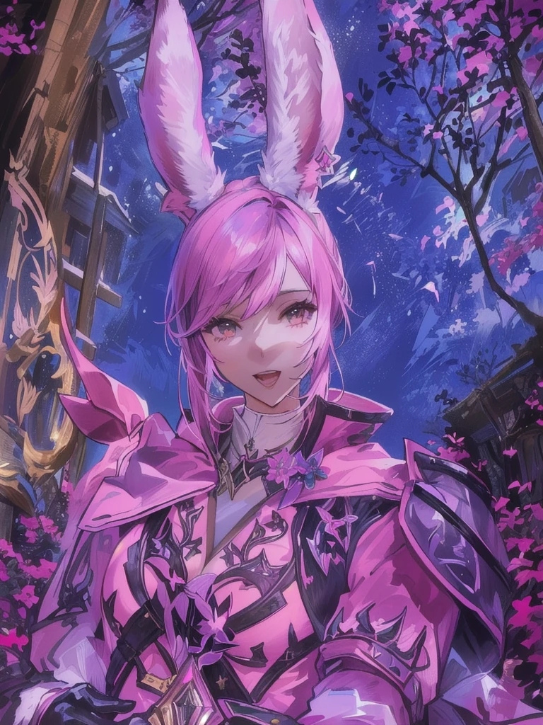 There is a woman with a rabbit ear and a pink suit, final fantasy style 14, Final Fantasy 1 4, Final Fantasy XIV, wearing cyber bunny ears, final fantasy 14 sharp, ffxiv cielo, wearing a pink rabbit costume, with rabbit ears, ffxiv, the bunny has pink fur, Final Fantasy 1 4 screenshot, Sexy bunny ears on the beach