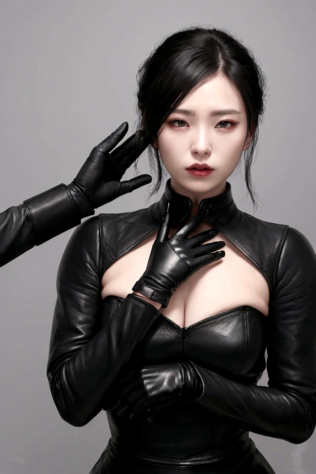 He wears black leather gloves on both hands、Woman strangling someone