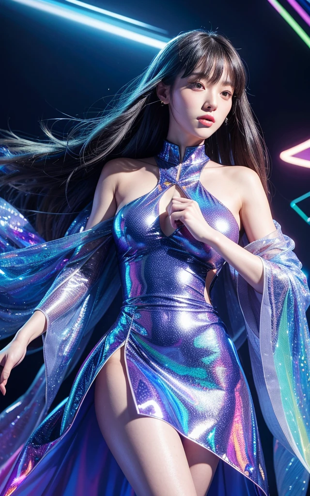 Full figure, seven -clinging shooting, 18 years old, wearing transparent science fiction dress, exquisite faces, details, hands, ultimate details, amazing magnificence, LED internal lighting, Pedaipan style, fiber hair, glowing rainbow iris, glowing rainbow iris,