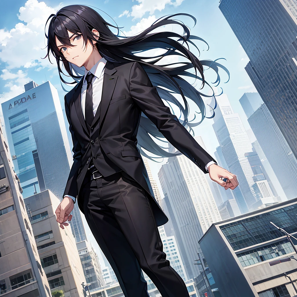 Anime black-haired man in a suit turns his back and stands in the city.
