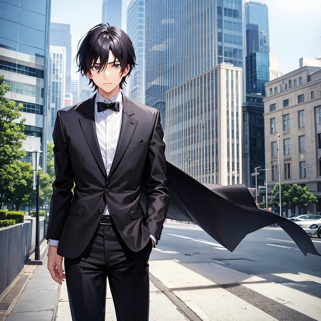 Anime black-haired man in a suit turns his back and stands in the city.