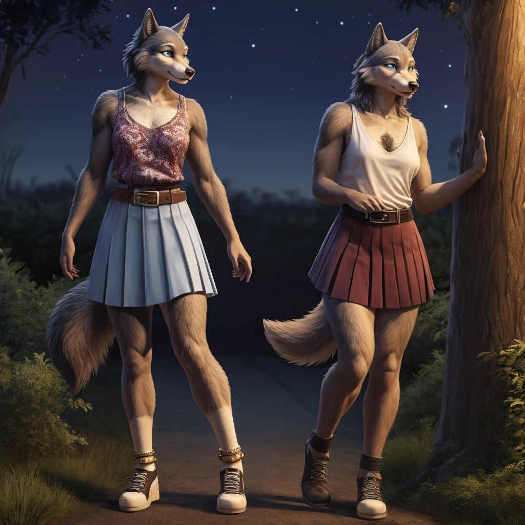 Juno is a gray wolf with curled brown fur and blue eyes. She is wearing her a long pleated white skirt decorated with two light blue horizontal lines near the hem, a thin tan belt, white anklet socks, and black Mary Jane shoes. anthro wolf, female, adult, brown fur, buffed body, tail, sexy, beefy body, furred body, furry chest hair, realistic, full body, photorealistic, ultra realistic, 8k, night, bare-chested