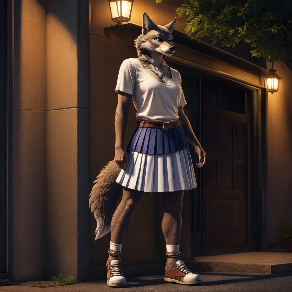 Juno is a gray wolf with curled brown fur and blue eyes. She is wearing her a long pleated white skirt decorated with two light blue horizontal lines near the hem, a thin tan belt, white anklet socks, and black Mary Jane shoes. anthro wolf, female, adult, brown fur, buffed body, tail, sexy, beefy body, furred body, furry chest hair, realistic, full body, photorealistic, ultra realistic, 8k, night, bare-chested