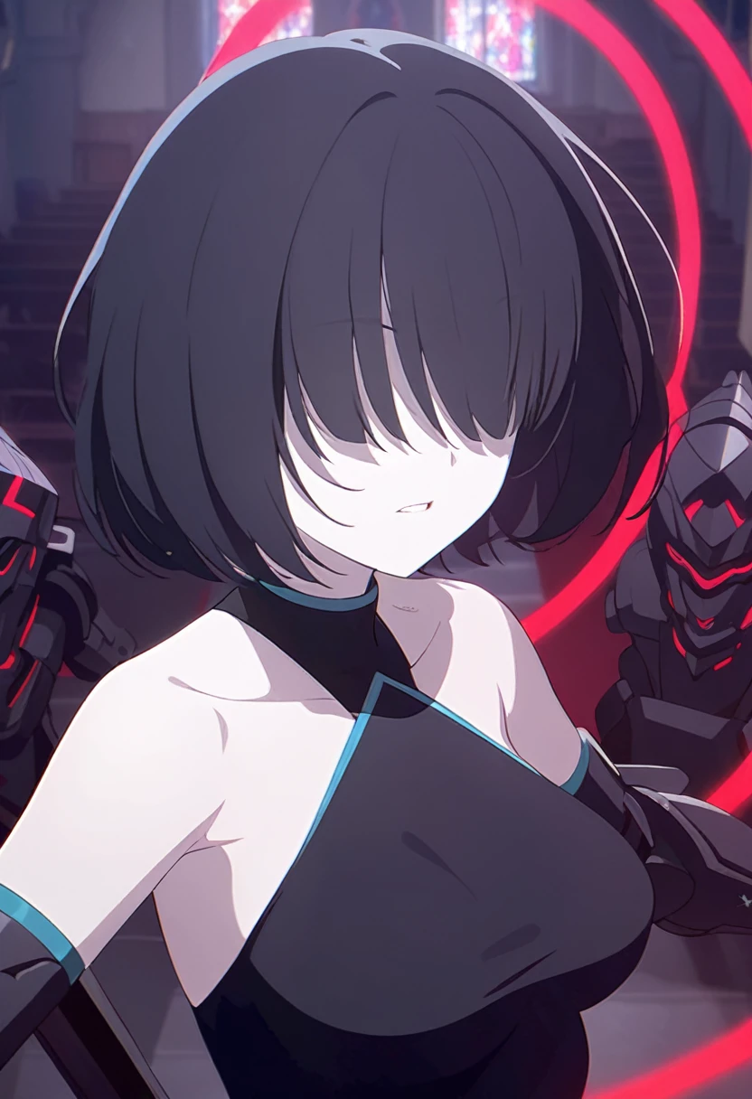 1girl, bare shoulders, clothing cutout, sleeveless, iron virgin armor, black armor, red neon, black hair, turquoise bangs, very short hair, hair over eyes, pale skin, medium breasts, turquoise eyes, black dress, church, combat pose, (masterpiece), best quality, anime style