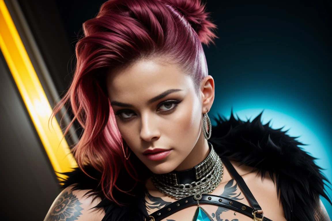 woman photo, sexy, big breasts, punk, black fur, one side of head shaved, ([Brie Larson;Ashley Greene:amber heard]:0.85), [Stanley Style|Cowboy style], suit of armor, hips, sensual, shiny skin, Oily skin, tattoos, close up, facial focus, detailed face, lips, choker, jewelry, [(showy explosion psychedelic paint colors:1.21)::0.2], kitchen, Masterpiece, Best Quality, Rainbow colors, showy, High contrast,