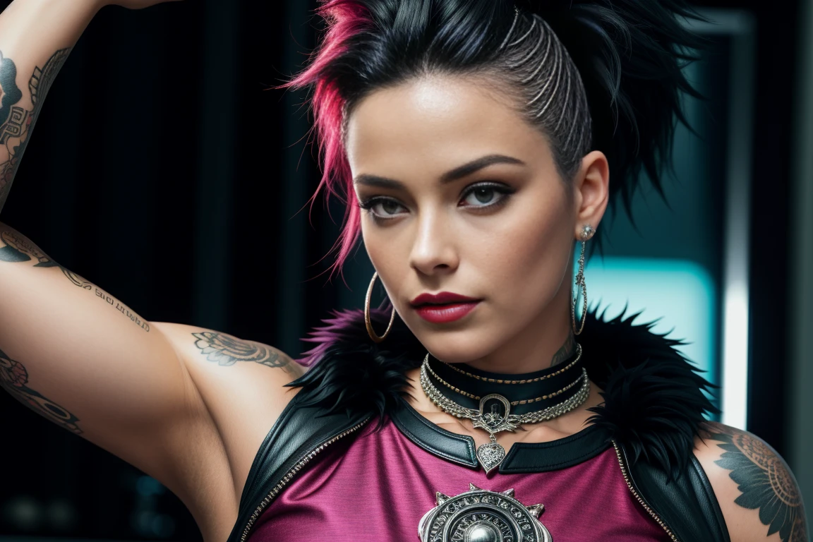 woman photo, sexy, big breasts, punk, black fur, one side of head shaved, ([Brie Larson;Ashley Greene:amber heard]:0.85), [Stanley Style|Cowboy style], suit of armor, hips, sensual, shiny skin, Oily skin, tattoos, close up, facial focus, detailed face, lips, choker, jewelry, [(showy explosion psychedelic paint colors:1.21)::0.2], kitchen, Masterpiece, Best Quality, Rainbow colors, showy, High contrast,